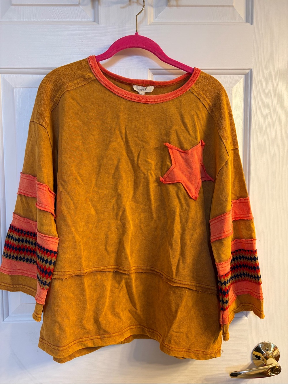 easel Mustard Yellow & Coral Long Sleeve Star Patch Top